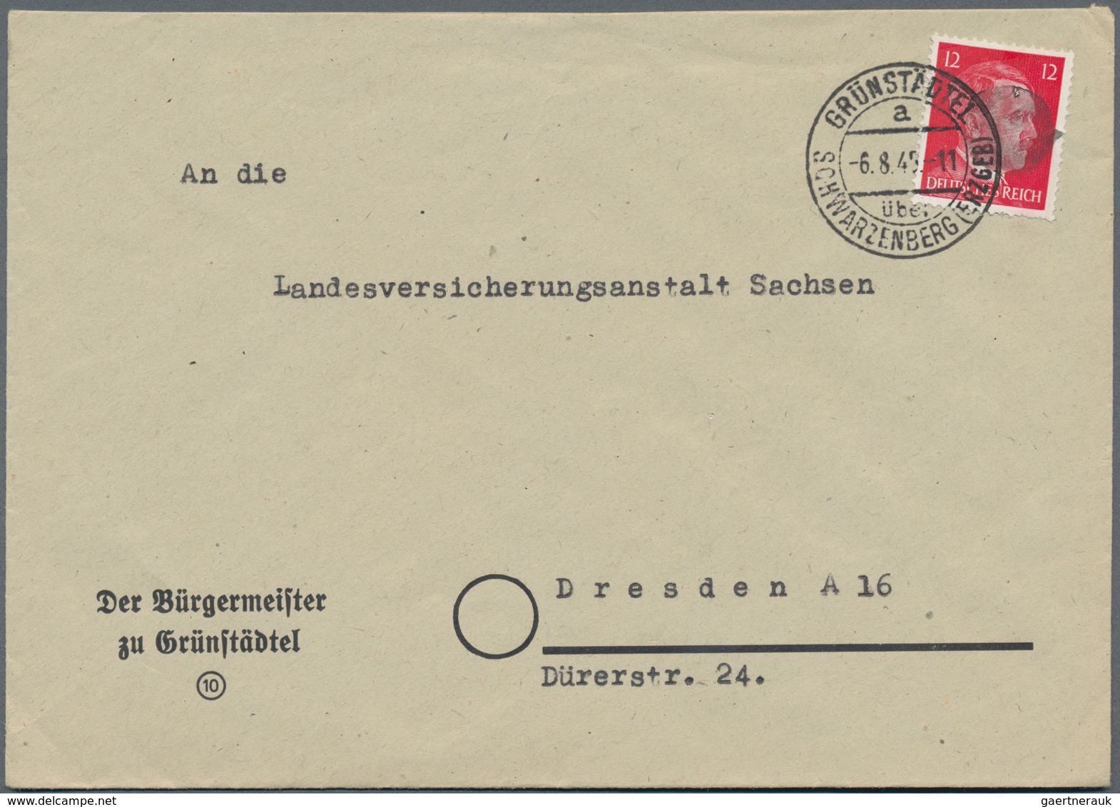 Sowjetische Zone - Sächsische Schwärzungen: SCHWARZENBERG: 1945, 12 Pf Hitler Geschwärzt Auf Portoge - Altri & Non Classificati