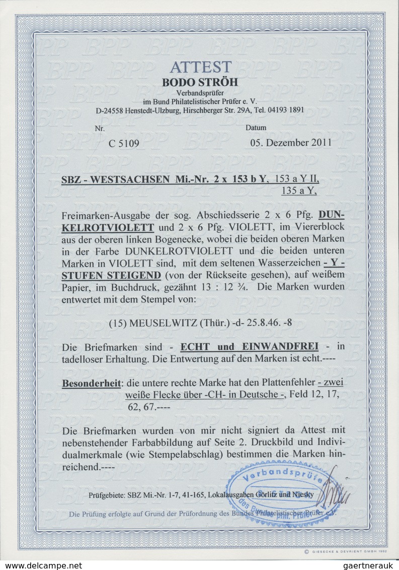 Sowjetische Zone - West-Sachsen: 1946, Abschiedsausgabe 6 Pf Im Viererblock Aus Der Linken Oberen Bo - Altri & Non Classificati