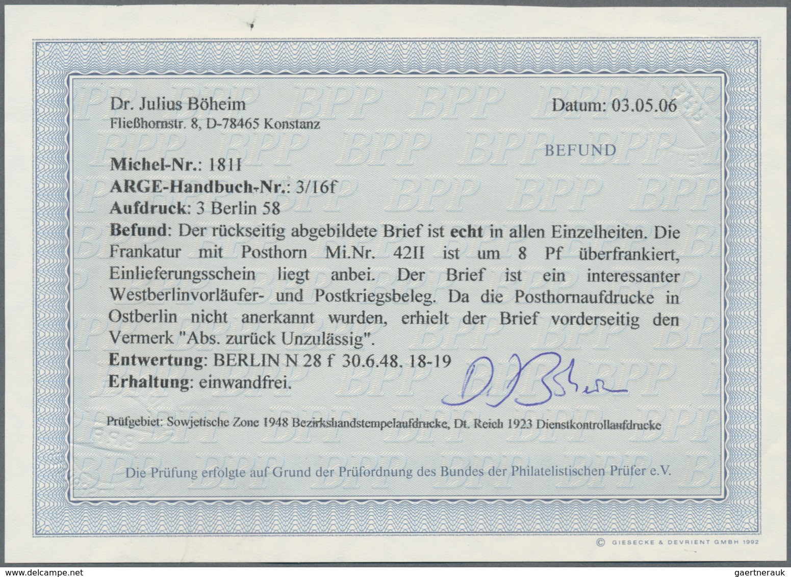 Sowjetische Zone - Bezirkshandstempel - I - Bez. 3 (Berlin): BERLIN 58: 84 Pf Arbeiter Mit Aufdruck - Sonstige & Ohne Zuordnung