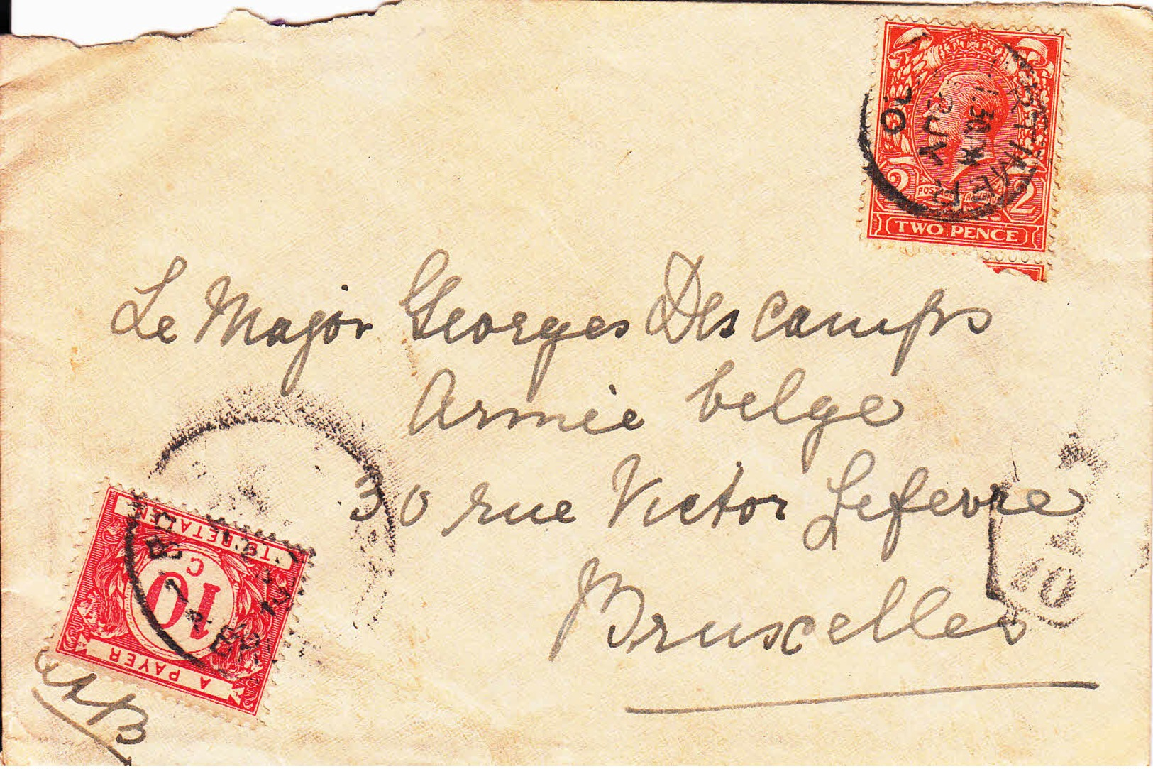 GRANDE BRETAGNE : Lettre Taxée Pour La Belgique - Lettres & Documents