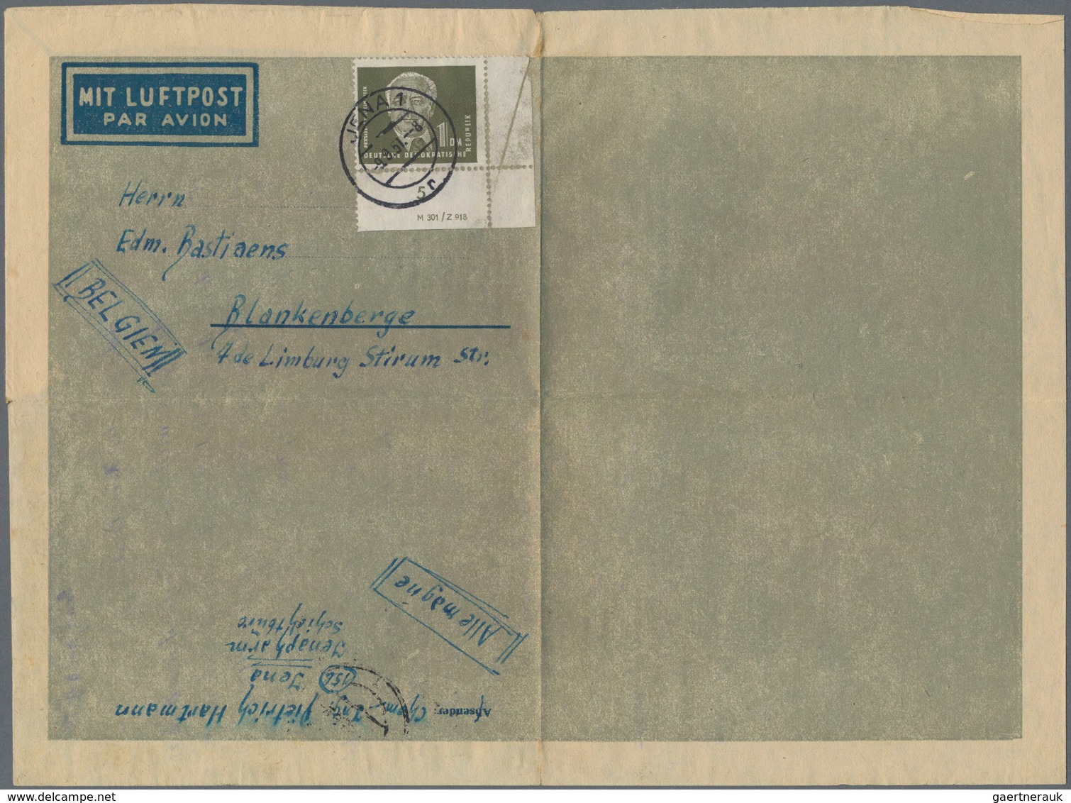 DDR: 1951 Luftpostbrief Von Jena Nach Blankenberghe/Belgien, Portogerechte Einzelfrankatur 1 DM Wilh - Storia Postale