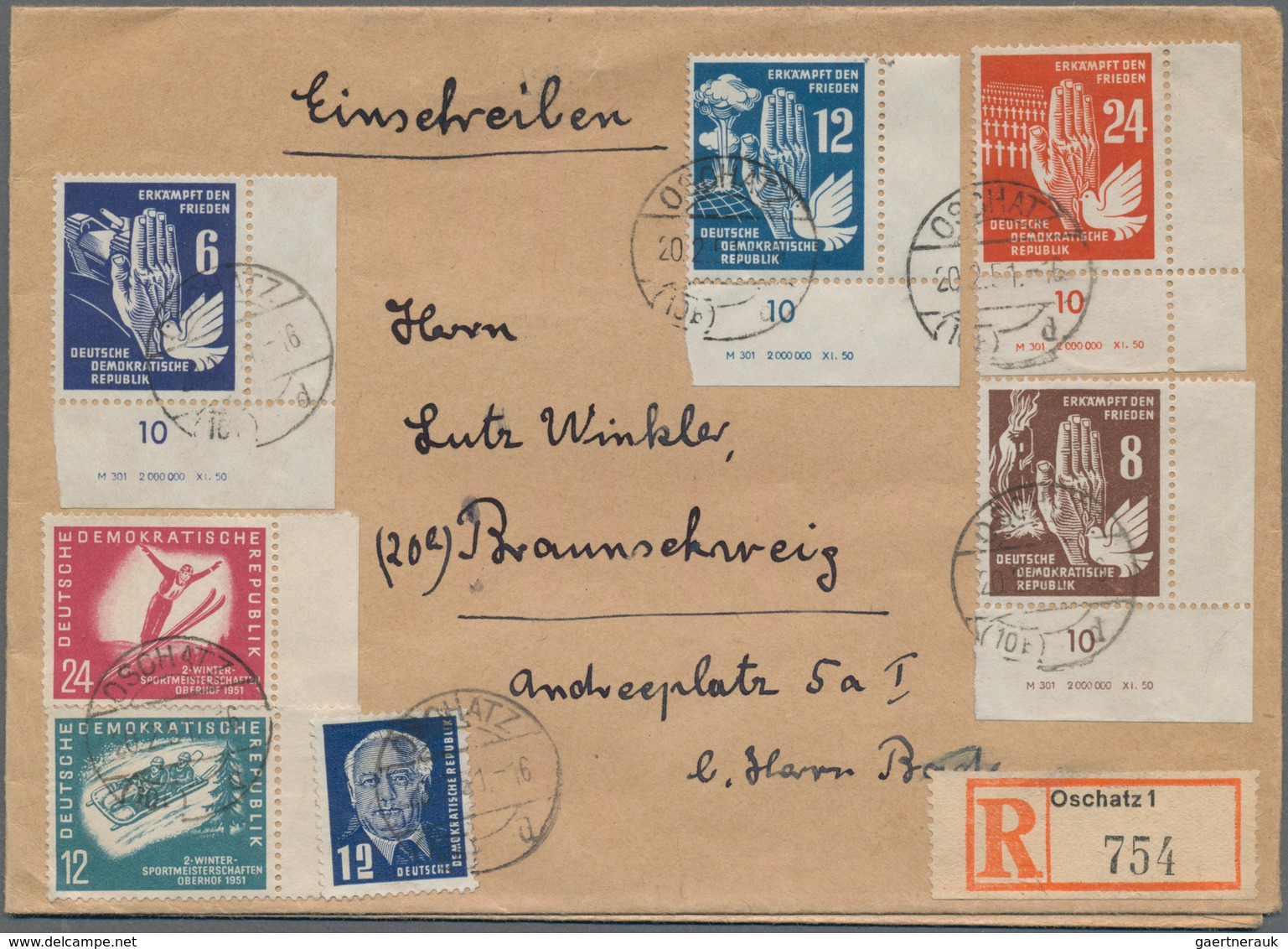 DDR: 1950, 6 - 24 Pf Frieden Jeweils Vom Rechten Unteren Eckrand Mit Druckvermerk MiF Auf R-Brief Im - Storia Postale