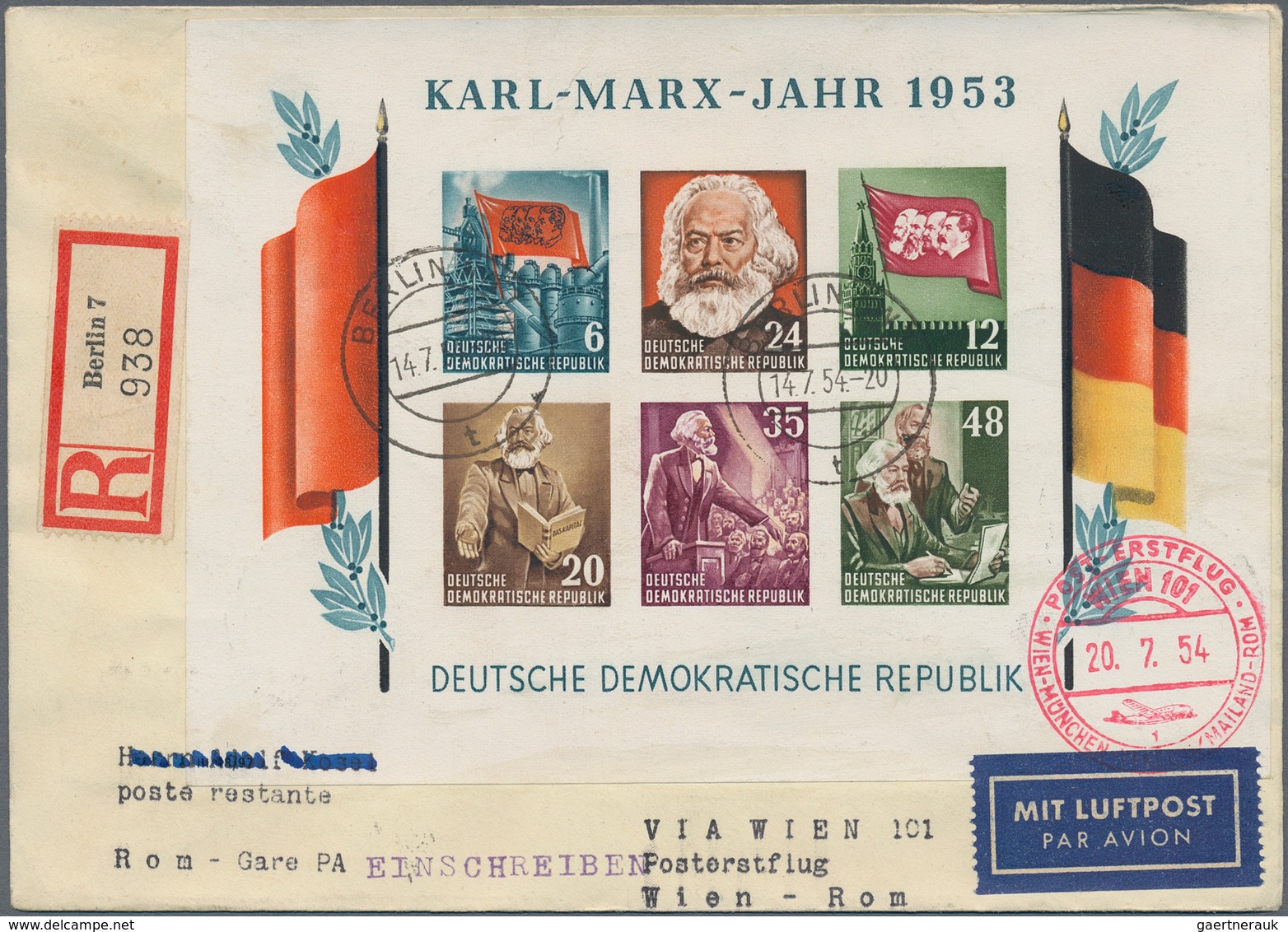 DDR: 1953, Geschnittener Marx-Block Auf R-Erstflugbrief Ab "BERLIN W7 14.7.54" Nach Rom, Vs. Roter B - Brieven En Documenten