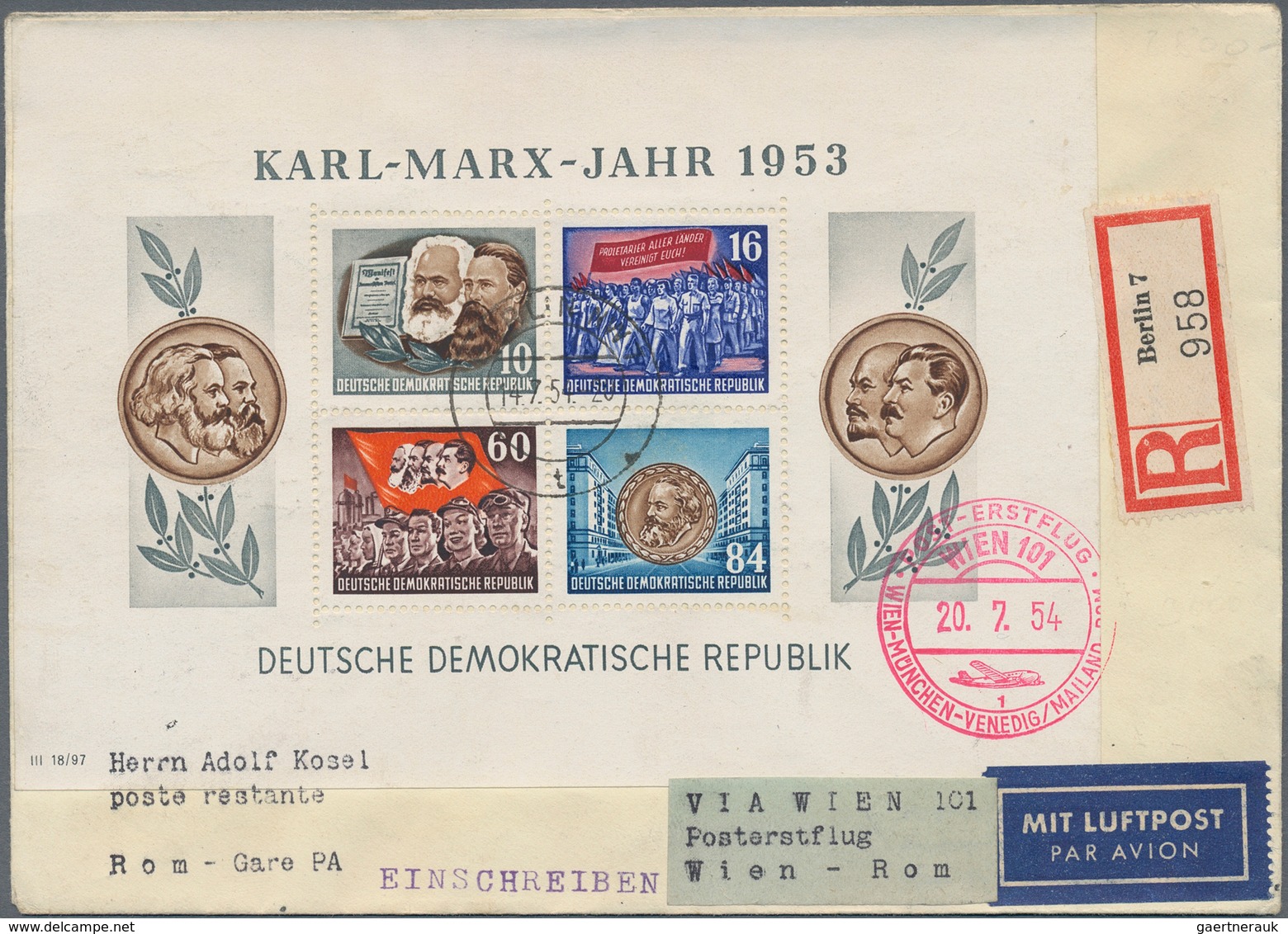 DDR: 1953, Gezähnter Marx-Block Auf R-Erstflugbrief Ab "BERLIN W7 14.7.54" Nach Rom, Vs. Roter Bestä - Storia Postale