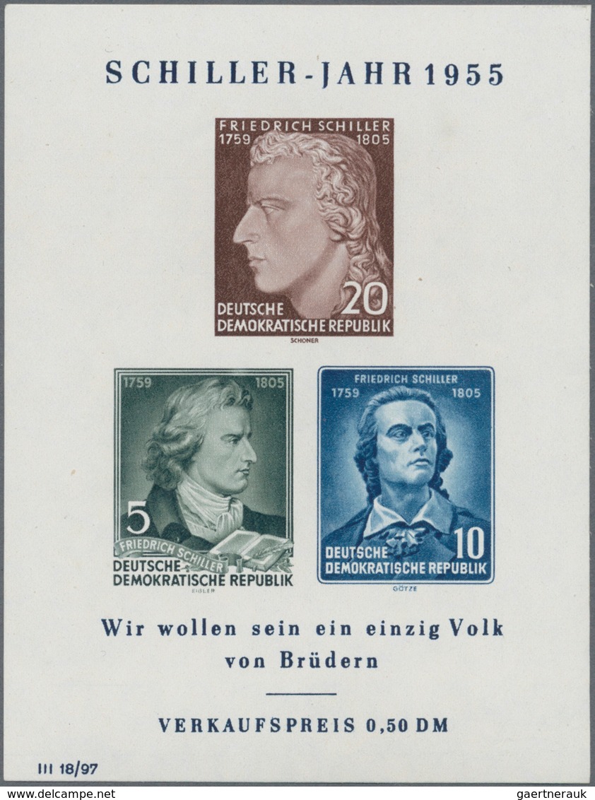 DDR: 1955, Blockausgabe Friedrich Schiller Zwei Postfrische Exemplare Mit Markanter Abstands-Variant - Storia Postale