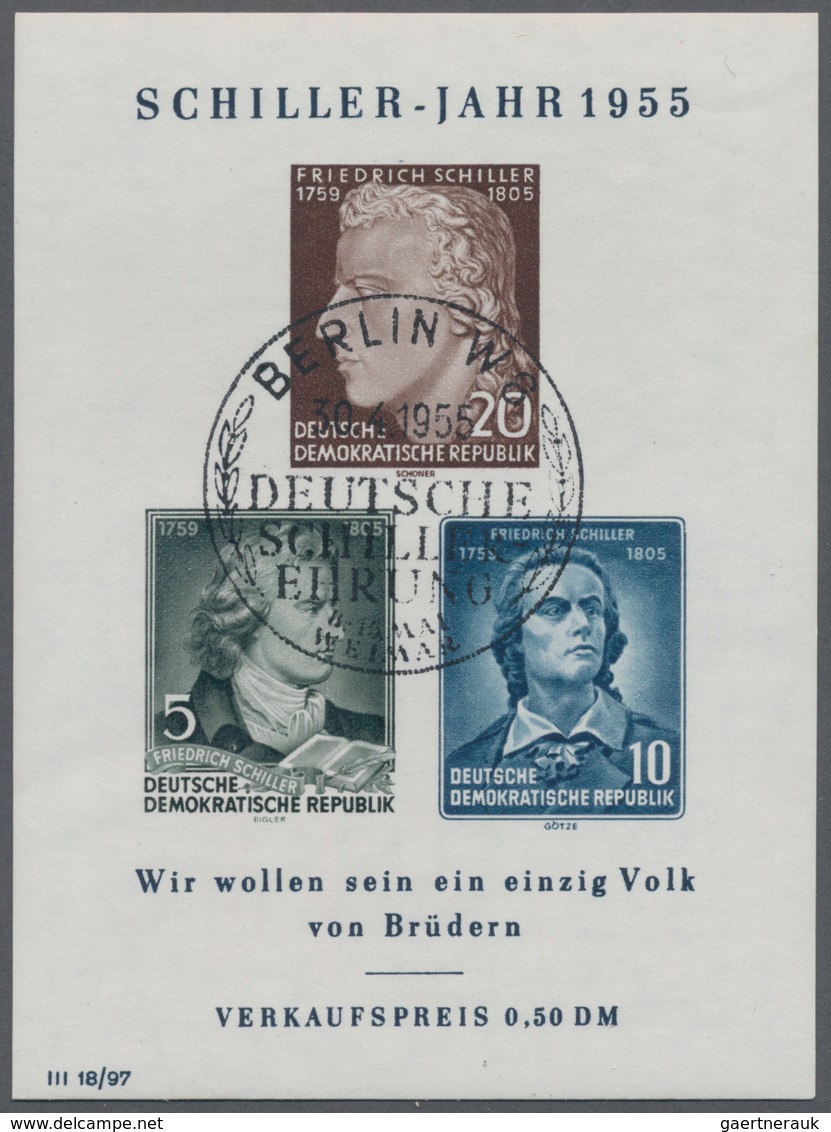 DDR: 1955, Blockausgabe 150. Todestag Schiller, Vier Postfrische Exemplare Mit Plattenfehlern II, IV - Storia Postale