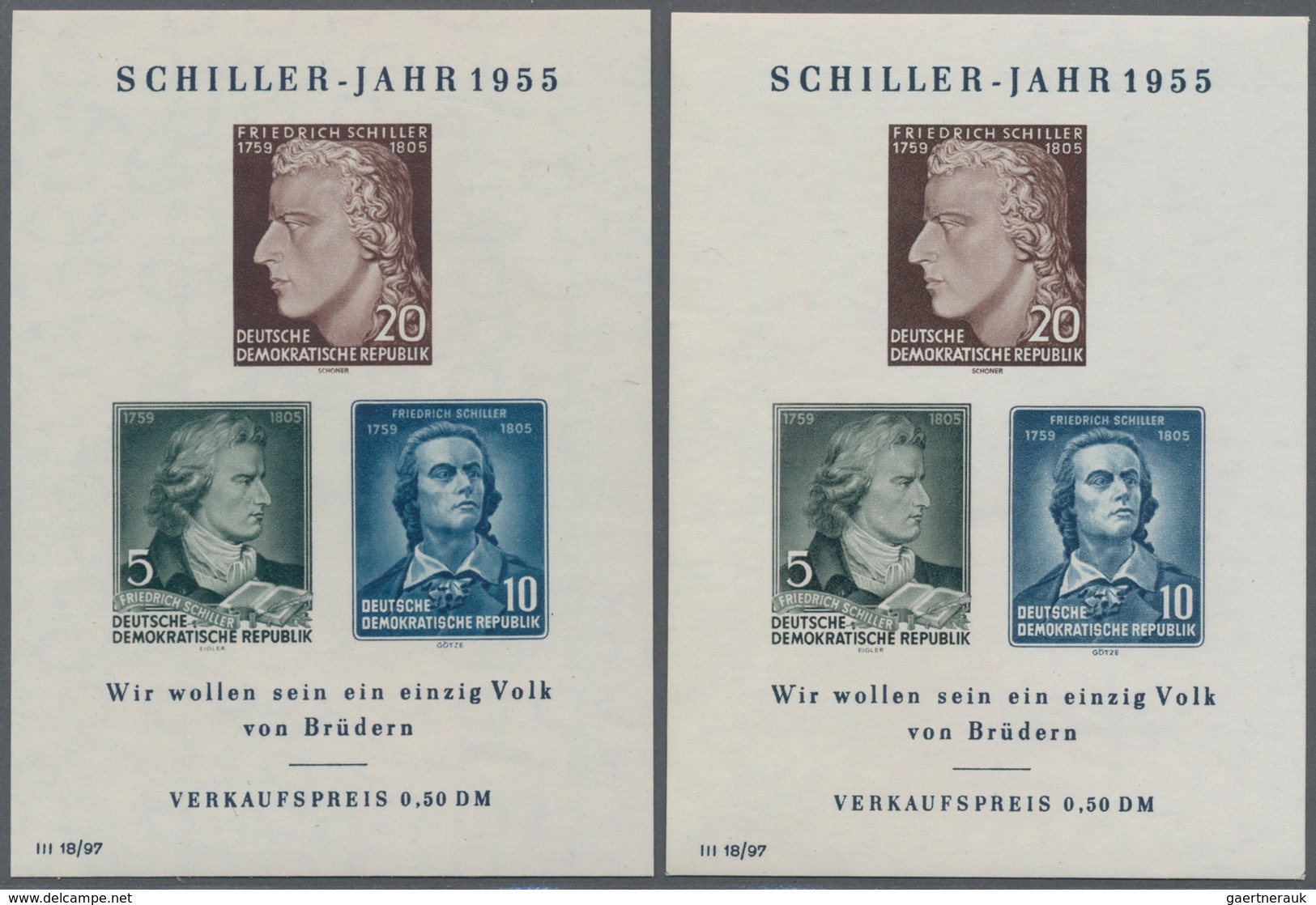 DDR: 1955, Blockausgabe 150. Todestag Schiller, Vier Postfrische Exemplare Mit Plattenfehlern II, IV - Brieven En Documenten