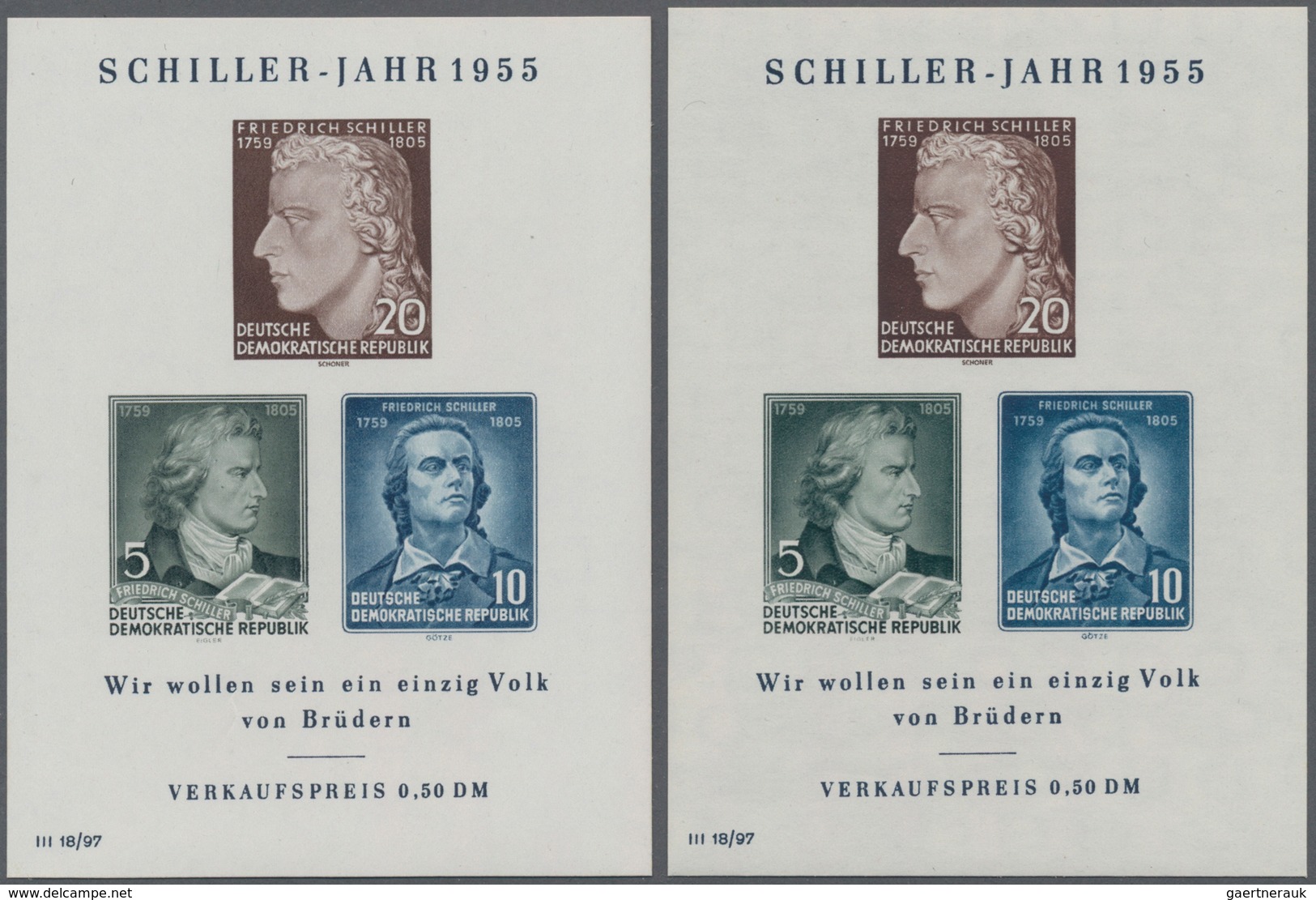 DDR: 1955, Blockausgabe 150. Todestag Schiller, Vier Postfrische Exemplare Mit Plattenfehlern II, IV - Brieven En Documenten