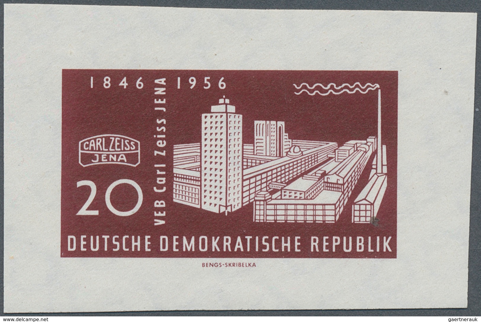 DDR: 1956, Carl-Zeiss-Werke Jena, 20 Pfg. Dunkelkarminbraun Als Ungezähnter Probedruck Auf Gummierte - Cartas & Documentos