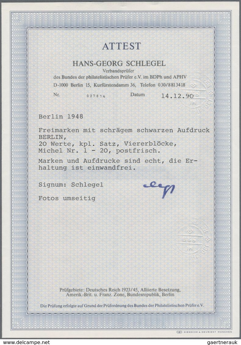 Berlin: 1948 'Schwarzaufdruck' kompletter Satz in postfrischen Rand-Viererblocks, die Pfennigwerte e