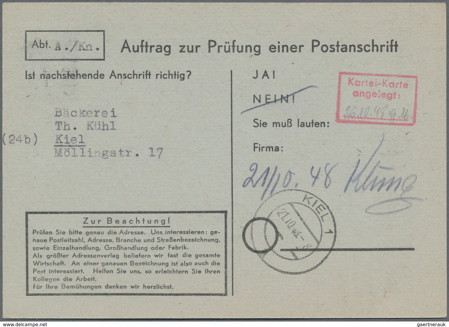 Berlin: 1948, 6 Pf. Schwarzaufdruck Mit Masch.Stpl. BERLIN SW 61 / 8.10.48 Auf Vorgedruckter Anschri - Storia Postale