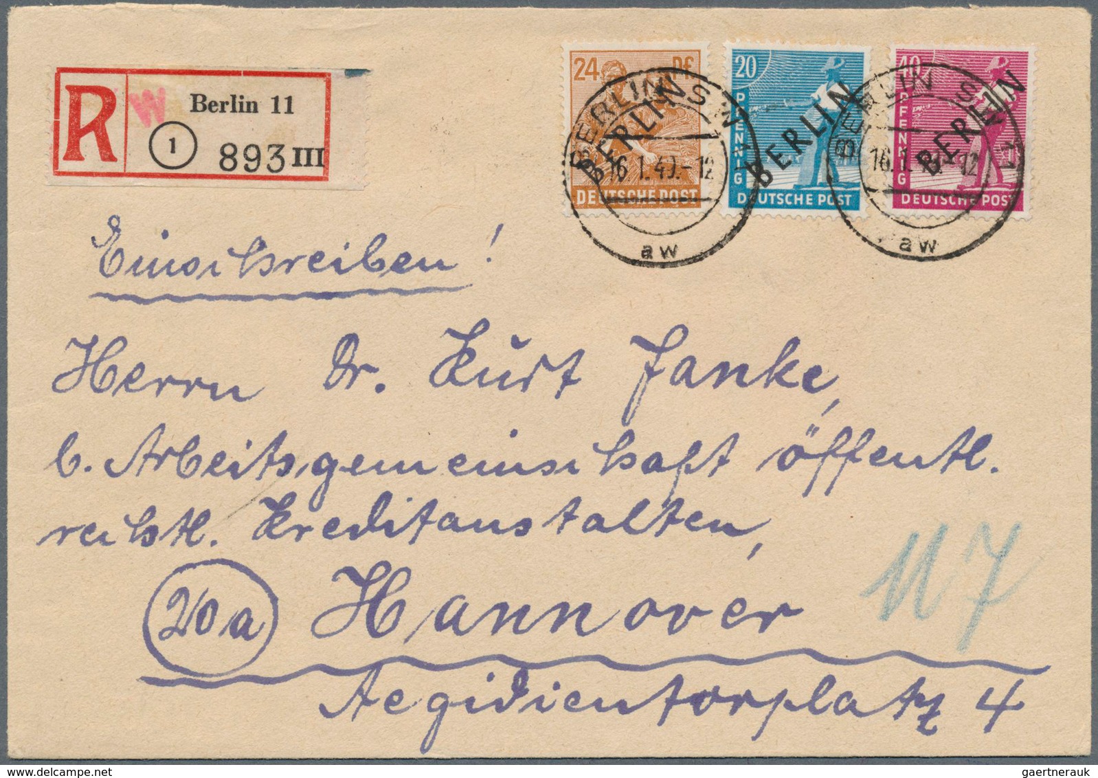 Berlin: 1949: 20, 24 Und 40 Pf Scharzaufdruck Zusammen Auf Brief Ab Berlin SW 11 Vom 16.1.49 Nach Ha - Brieven En Documenten