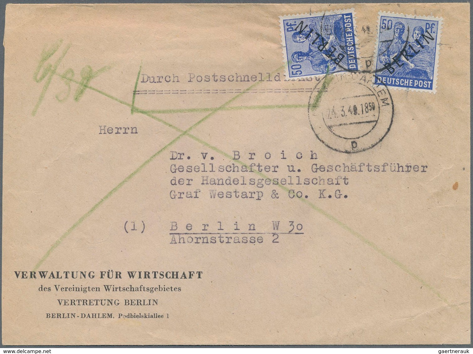 Berlin: 50 Pf. Schwarzaufdruck Als MeF Auf Postschnelldienstbf. Von Berlin-Dahlem Vom 24.3.49 Nach B - Brieven En Documenten