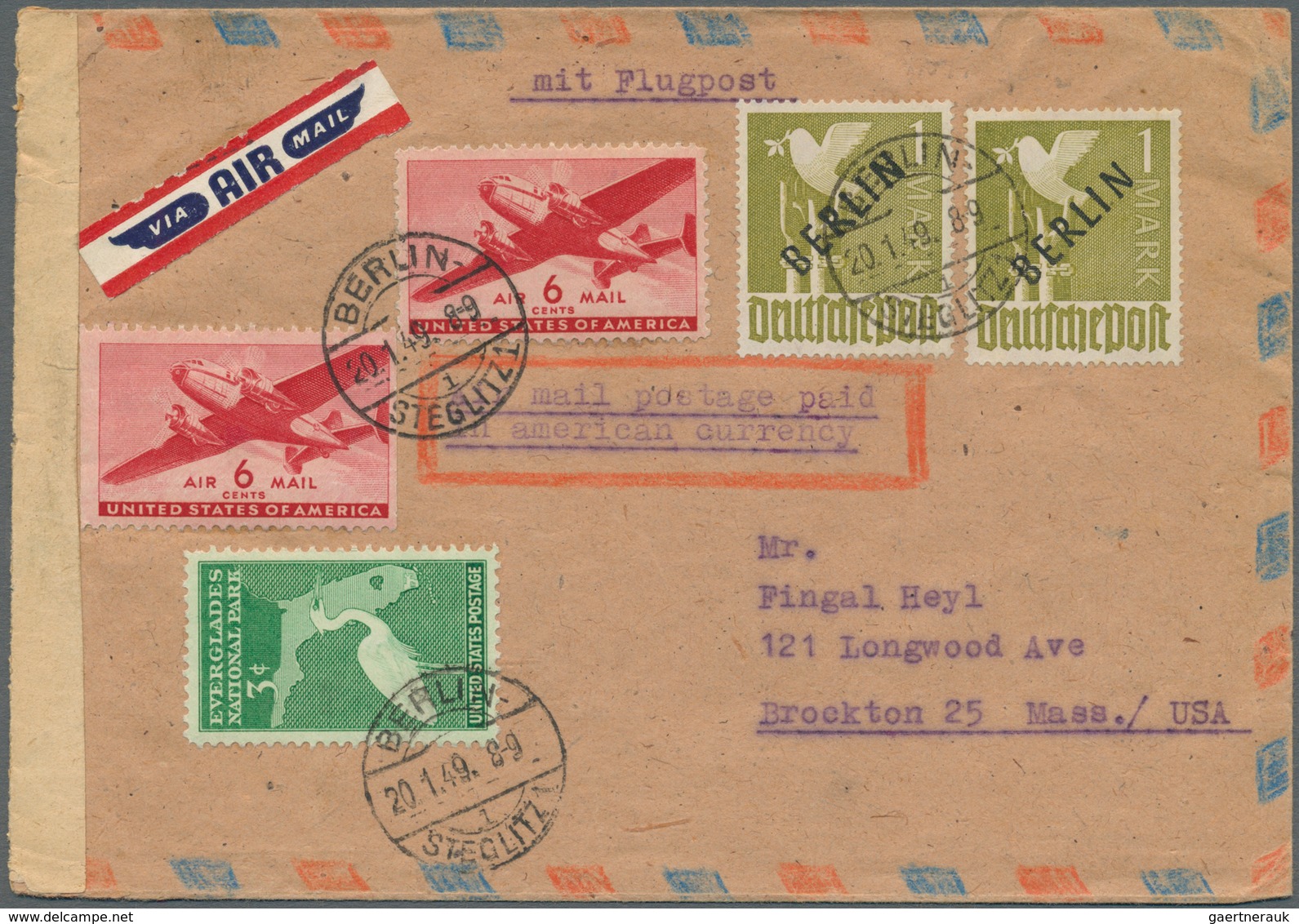 Berlin: 1949: LUFTPOSTBRIEF Mit 2 X 1.- DM Schwarzaufdruck, Dazu US-Marken 3 Cent, 2 X 6 Cent Ab Ber - Storia Postale