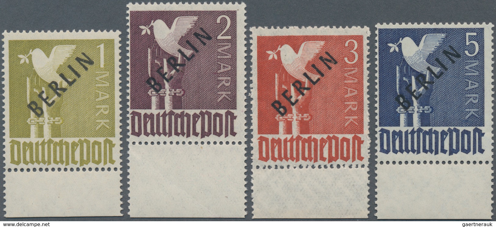 Berlin: 1948, 1 Mark Bis 5 Mark, Alle 4 Werte Mit Bogen-Unterrand Und Alle Mit Abart "rechter Aufstr - Storia Postale