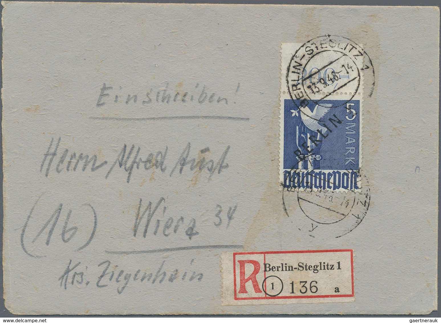 Berlin: 1948, 5 DM Schwarzaufdruck Mit Durchgezähntem Bogenoberrand Auf R-Brief Von „BERLIN-STEGLITZ - Brieven En Documenten