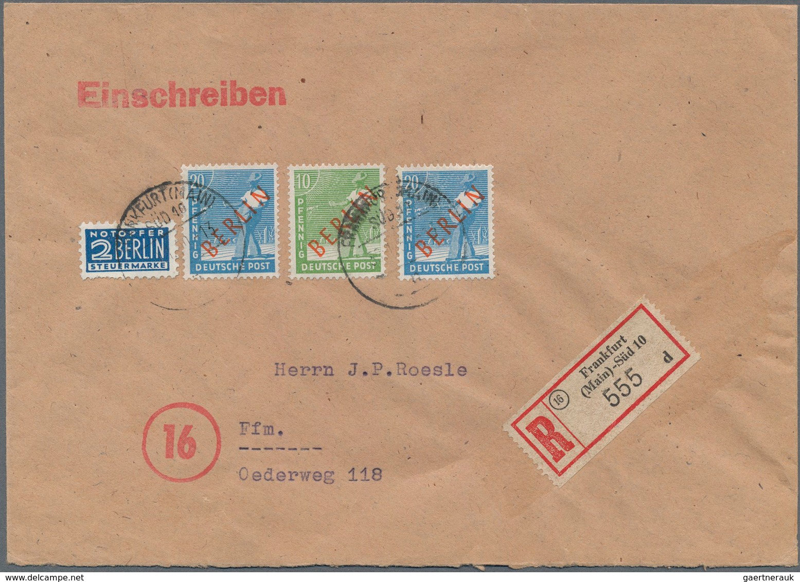 Berlin: 10 U. 2 Mal 20 Pf. Rotaufdruck Zusammen Auf Orts-R-Bf. Von Frankfurt/M. Vom 30.1.50 Sehr Sel - Storia Postale