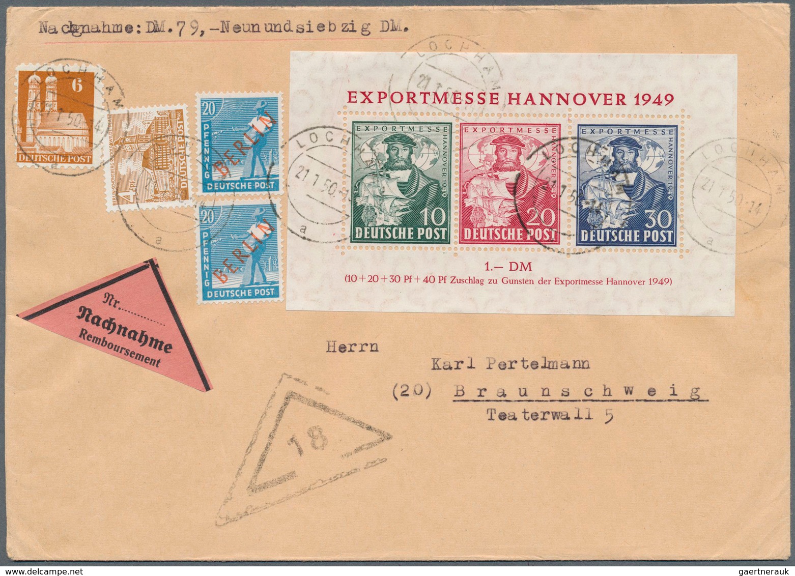 Berlin: 1950: 2x 20 Pf Rotaufdruck Mit 4 Pf Bauten Sowie Bizone 6 Pfg Bauten Und Hannovermesseblocka - Storia Postale