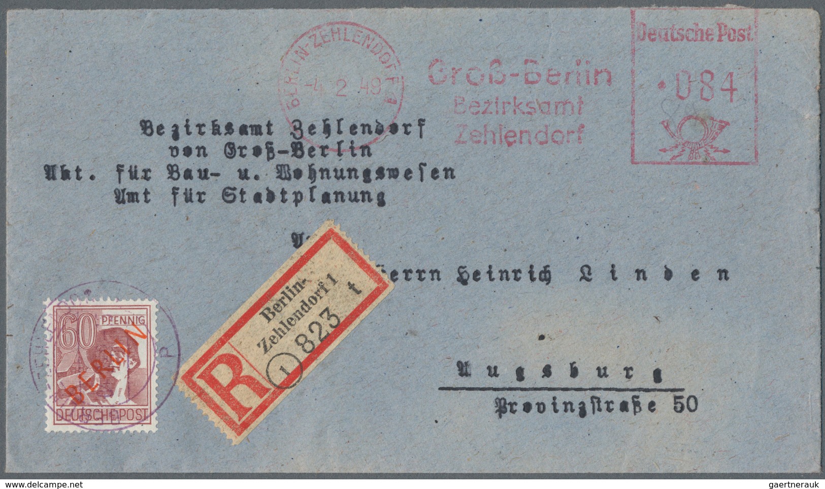 Berlin: 1949, 84 Pf Freistempel BERLIN-ZEHLENDORF / Groß-Berlin Bezirksamt Zehlendorf, 4.2.49, Zusam - Storia Postale