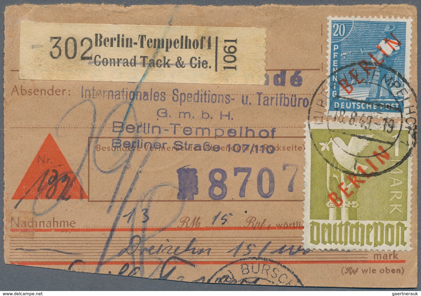 Berlin: 1949: Halbierte NACHNAHME-PAKETKARTE Mit Gebühr 7,20 DM – Dafür 20 Pf. Und 7 X 1.- DM ROTAUF - Storia Postale