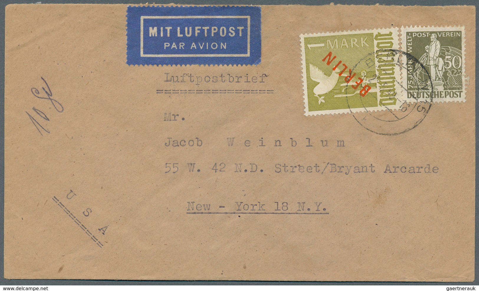 Berlin: 1949: IAS-Luftpostbrief Übersee, Tarif I – Niedrigste Gewichtsstufe Bis 10g ( 50 + 1.- DM LP - Storia Postale