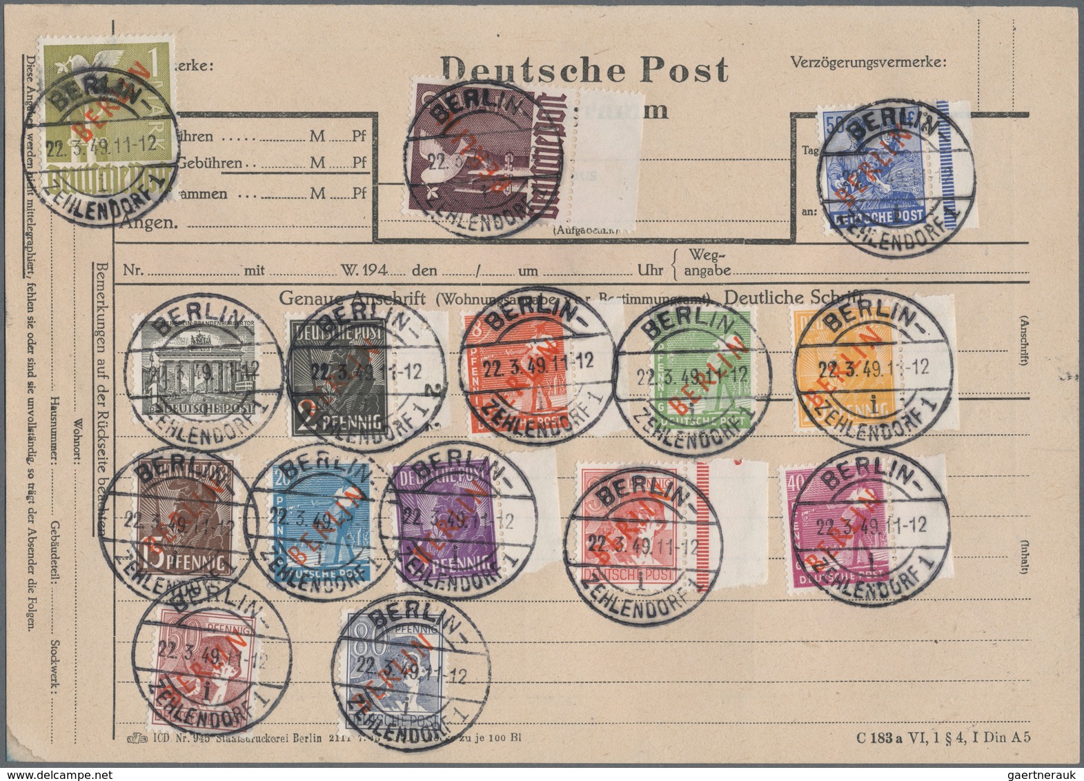 Berlin: 1949, Drei Bessere Belege, Dabei Rotaufdruck Einzeln Zentrisch Gestempelt Auf Formblatt, R-B - Storia Postale