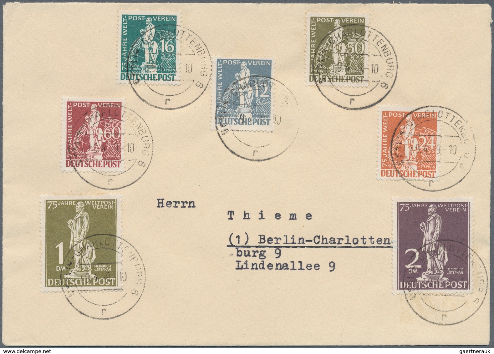 Berlin: 1949, 12 (Pf) Bis 2 DM Stephan Auf Außergewöhnlich Schönem Holthöfer FDC Aus BERLIN-CHARLOTT - Storia Postale