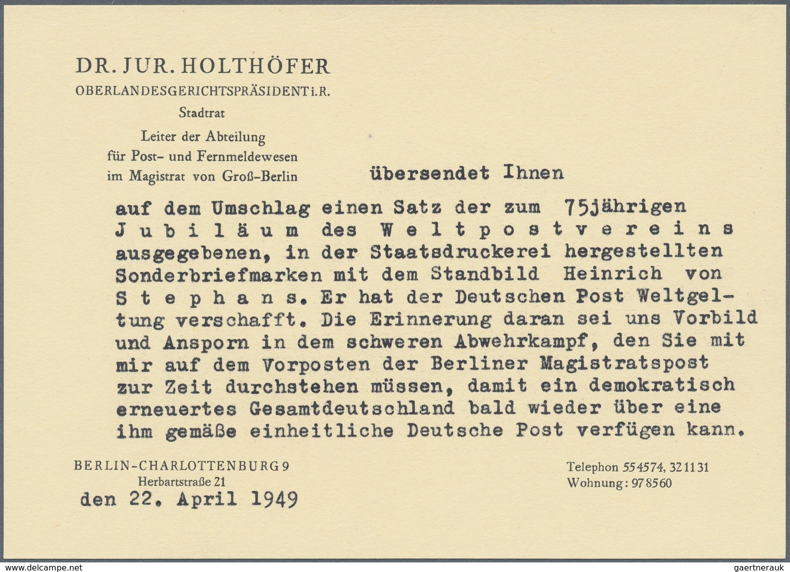 Berlin: 1949, 12 (Pf) Bis 2 DM Stephan Auf Außergewöhnlich Schönem Holthöfer FDC Aus BERLIN-CHARLOTT - Storia Postale