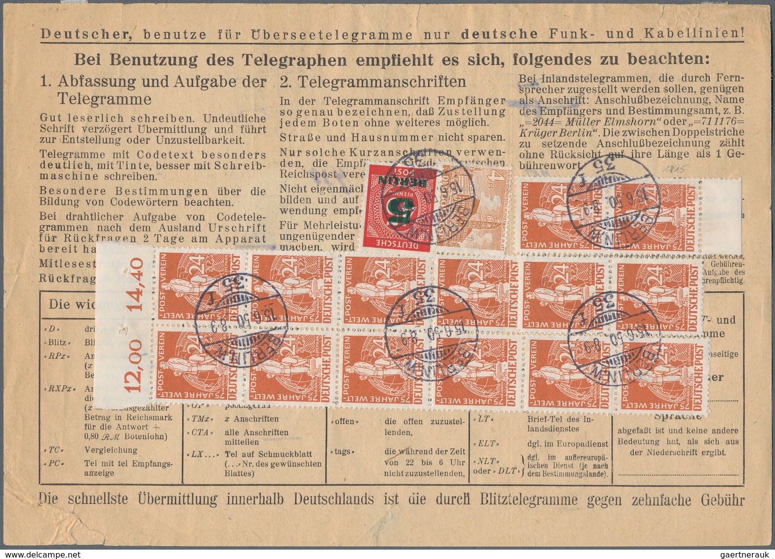 Berlin: 24 Pf. Stephan 14 St. (dabei Senkr. 10er Block Vom Oberrand) Mit 4 Pf. Bauten U. 5 Pf. Grüna - Storia Postale