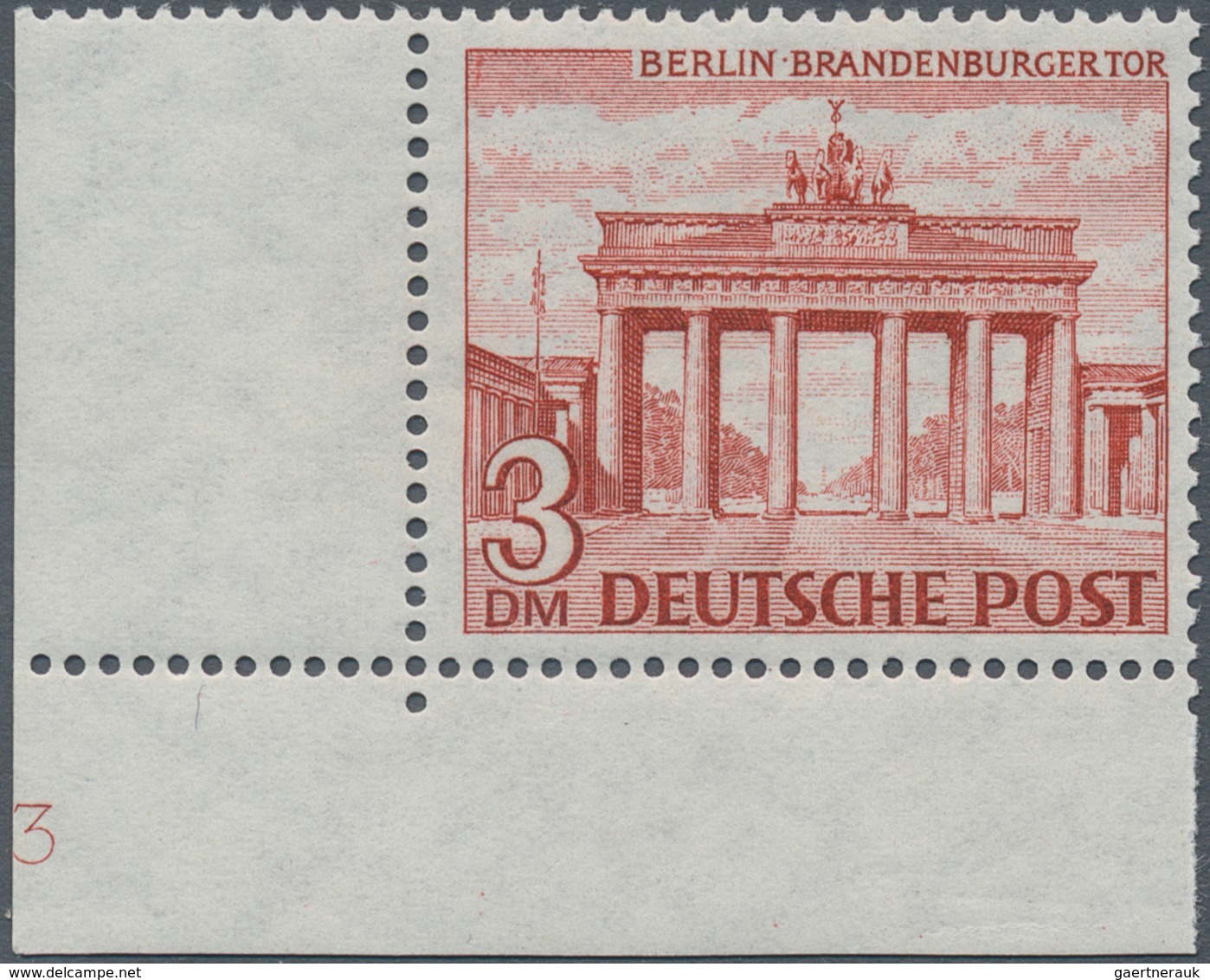 Berlin: 1949, 3,- Mark BAUTEN I, Als Postfrisches Eckrandstück Unten Links Mit Vollständiger (!) Pla - Brieven En Documenten