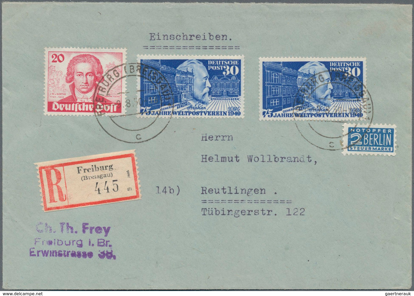 Berlin: 1949, 20 Pf Goethe In MiF Mit 2x Bund 30 Pf Stephan Auf R-Brief Von Freiburg Nach Reutlingen - Storia Postale