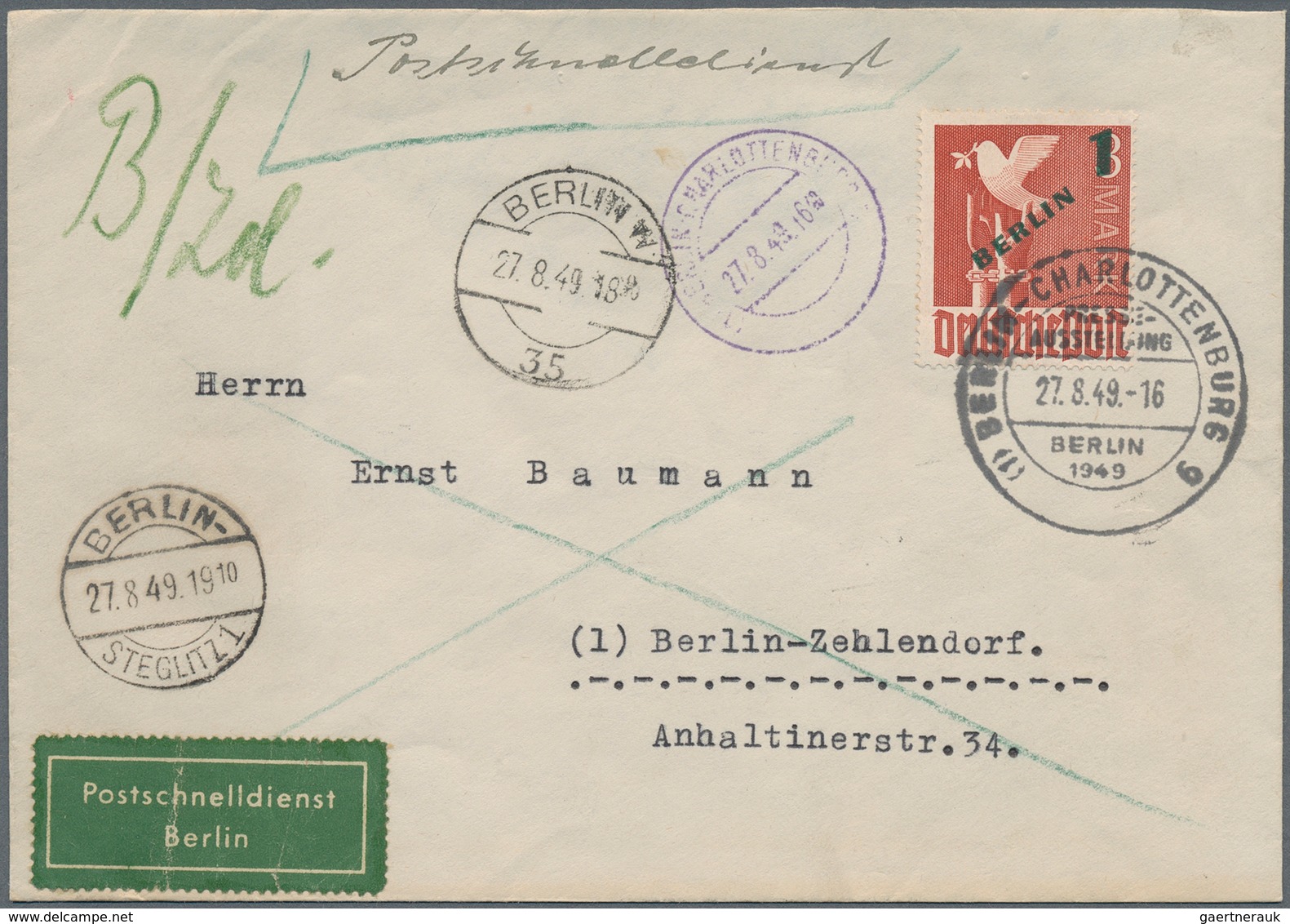 Berlin: 1 DM Grünaufdruck Als EF Auf Postschnelldienstbf. Von Berlin-Charlottenburg Vom 27.8.49 Nach - Storia Postale