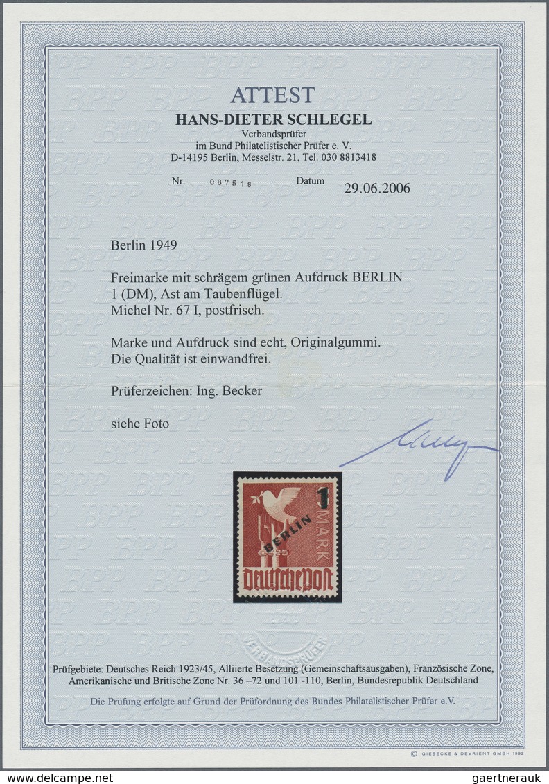 Berlin: 1949, Freimarke 1 (DM) Mit Grünem Aufdruck BERLIN Und Plattenfehler "Ast Am Taubenflügel", " - Storia Postale