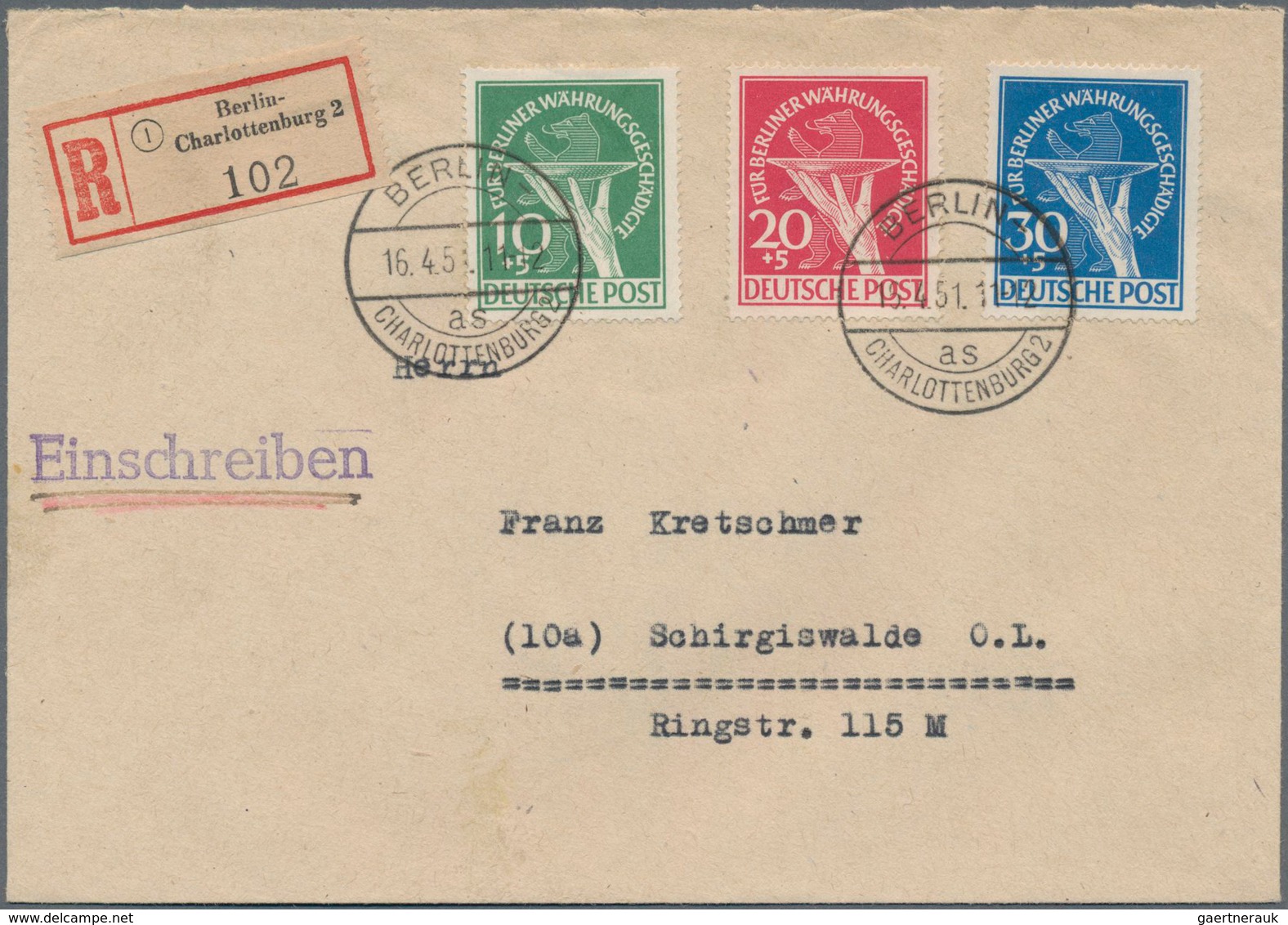 Berlin: 1949, 10+5 Bis 30+5 Währungsgschädigten-Satz Auf R-Brief Von Berlin Nach Schirgiswalde, Gepr - Storia Postale