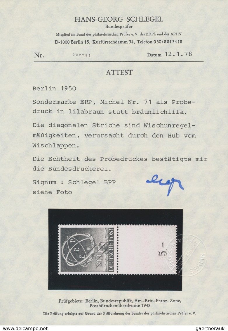 Berlin: 1950 ERP 20 Pf. Als Gezähnter Probedruck In Lilabraun, Zwischenfeld In Markengröße Mit Reihe - Storia Postale