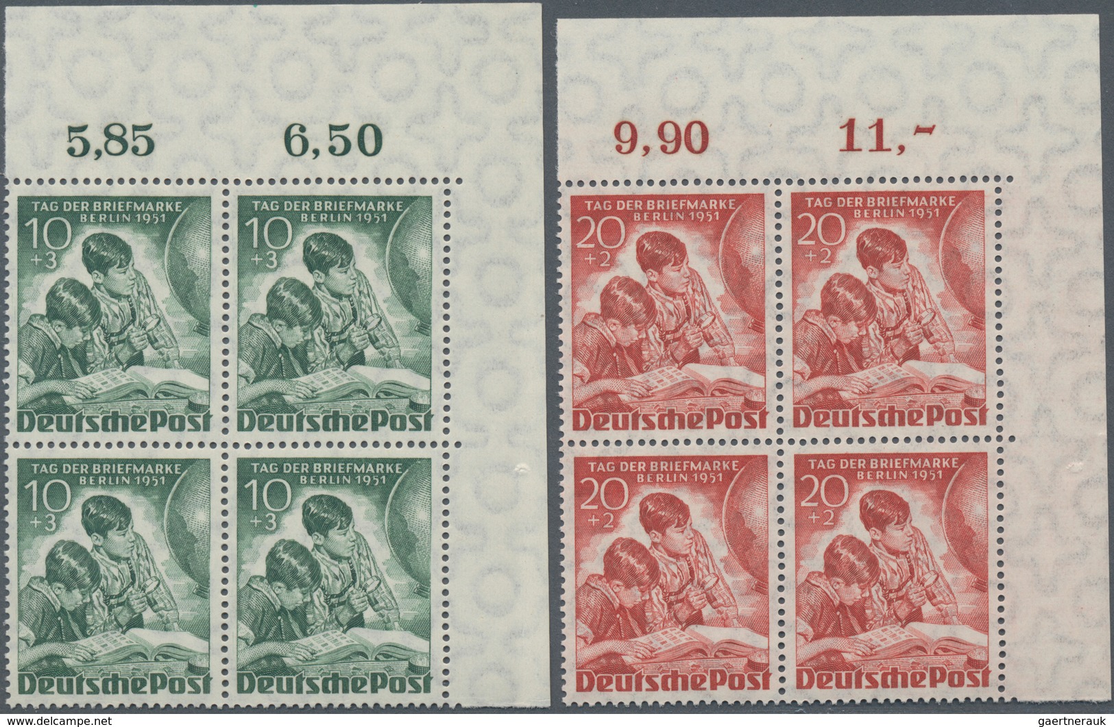 Berlin: 1951, Tag Der Briefmarke Als Zwei Ungefaltete Postfrische Luxus-Eckrand-Viererblocks Aus Der - Storia Postale