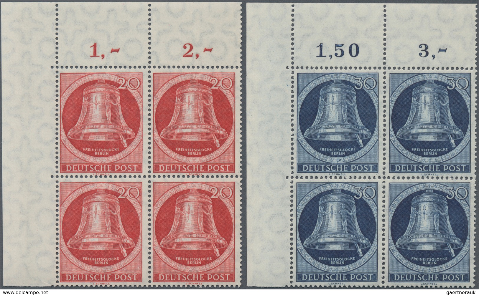 Berlin: 1951, Glocke (II) Als Fünf Ungefaltete Postfrische Luxus-Eckrand-Viererblocks Aus Der Linken - Storia Postale