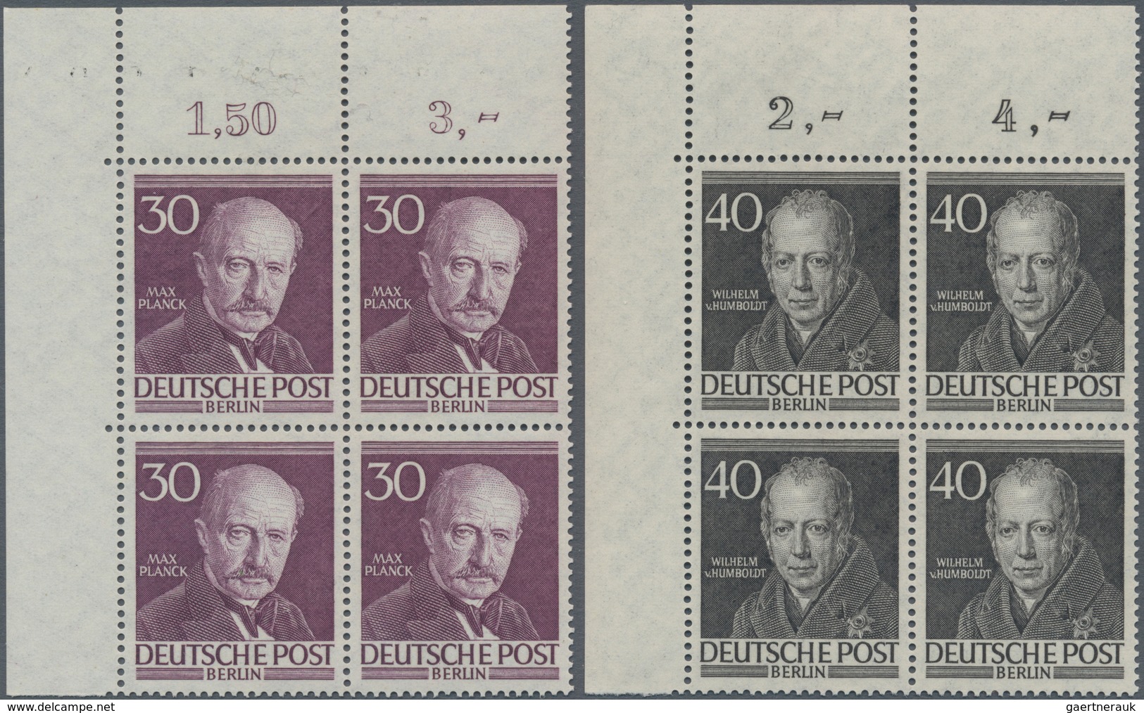 Berlin: 1952-1953, Männer aus der Geschichte Berlins, Satz von 10 Werte in postfrischen Viererblocks