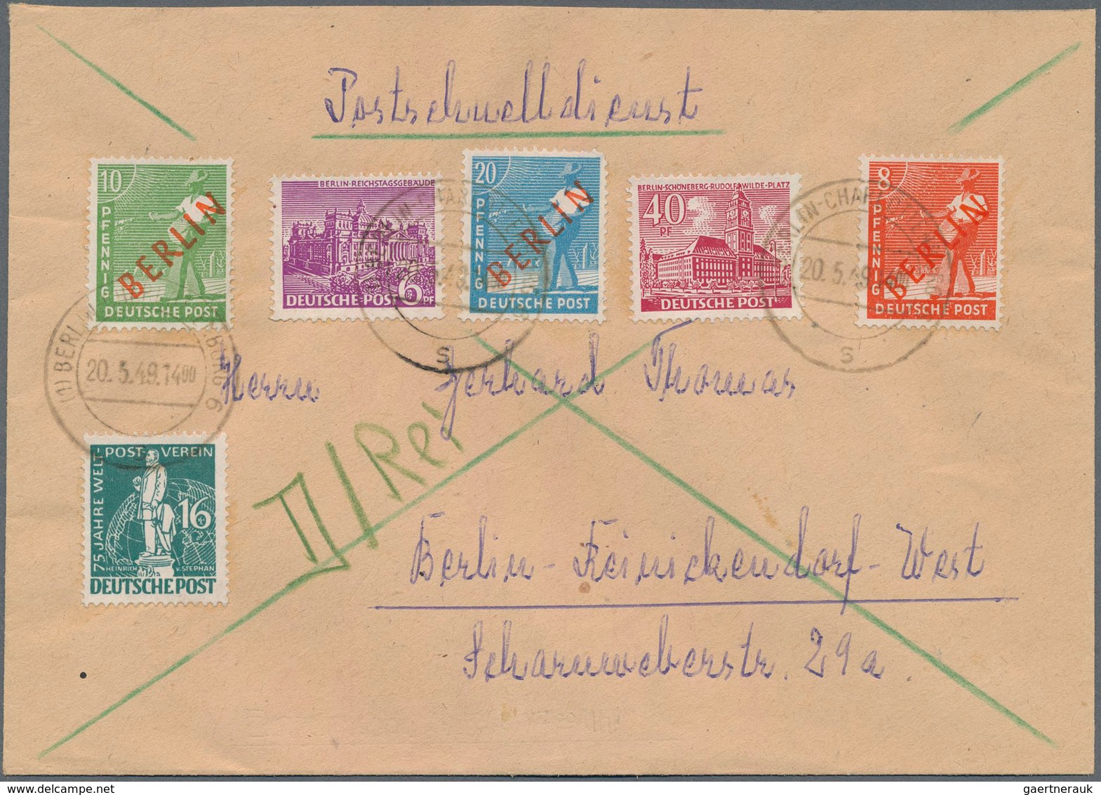 Berlin - Postschnelldienst: 8, 10 U. 20 Pf. Rotaufdruck Mit 16 Pf. Stephan Sowie 6 U. 40 Pf. Bauten - Storia Postale