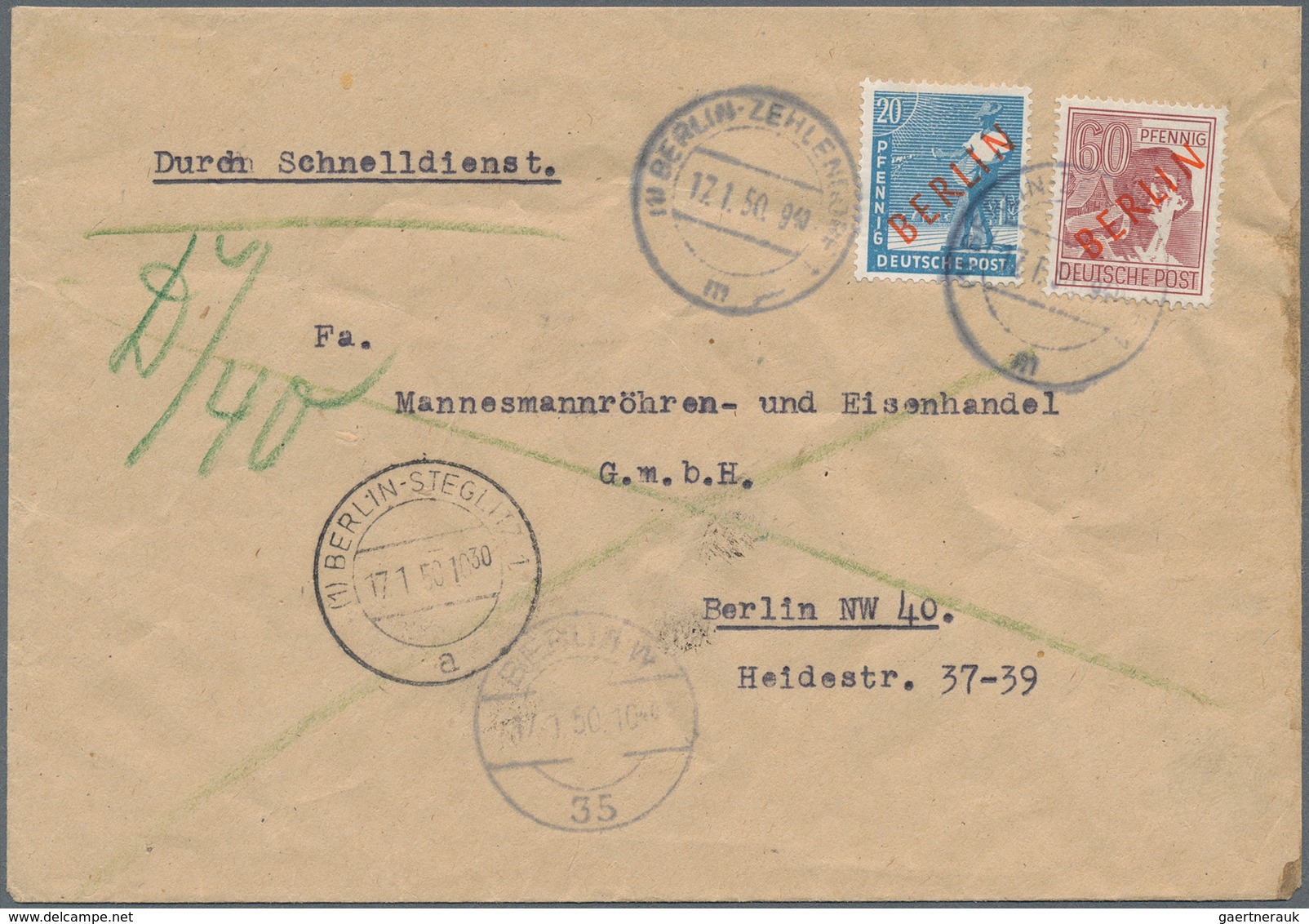 Berlin - Postschnelldienst: 20 U. 60 Pf. Rotaufdruck Zusammen Auf Postschnelldienstbf. Von Berlin-Ze - Brieven En Documenten