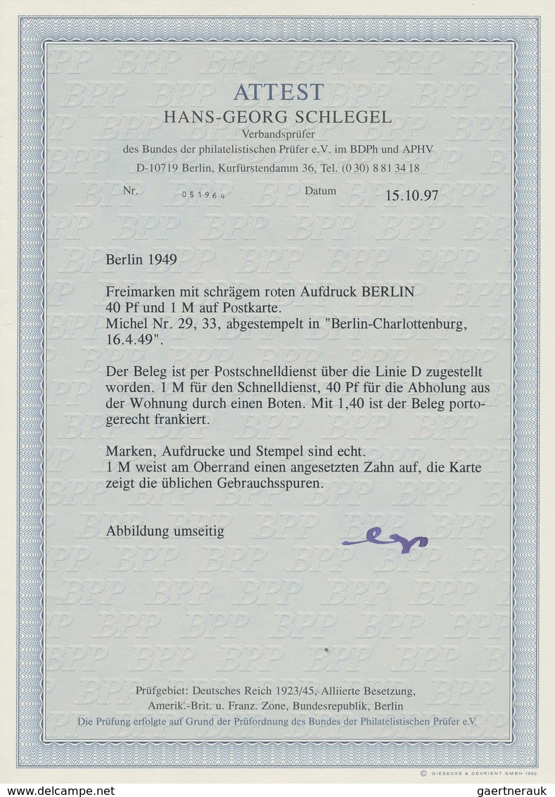Berlin - Postschnelldienst: 40 Pf. U. 1 DM Rotaufdruck Zusammen Auf Postschnelldienstkarte Von Berli - Storia Postale