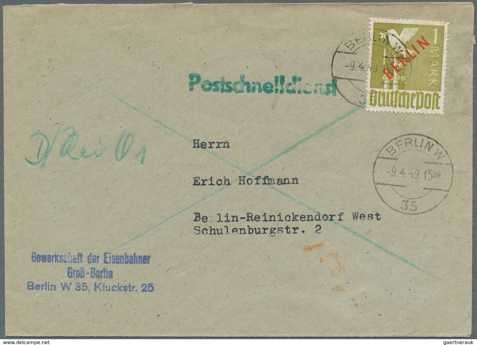 Berlin - Postschnelldienst: 1 DM Rotaufdruck Als EF Auf Postschnelldienstbf. Ab Berlin W35 Vom 9.4.4 - Storia Postale