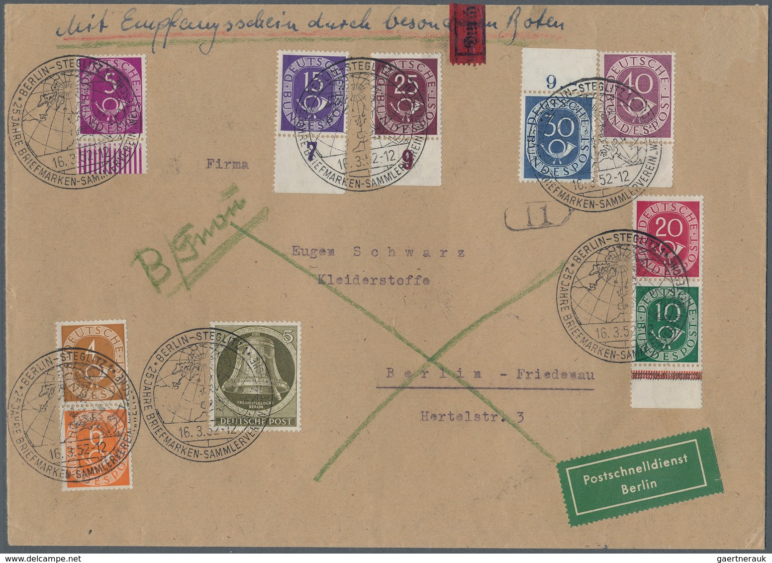 Berlin - Postschnelldienst: 5 Pf. Glocke Rechts U. Bund Angegebene Posthornwerte (vom Bogenrand) Zus - Storia Postale