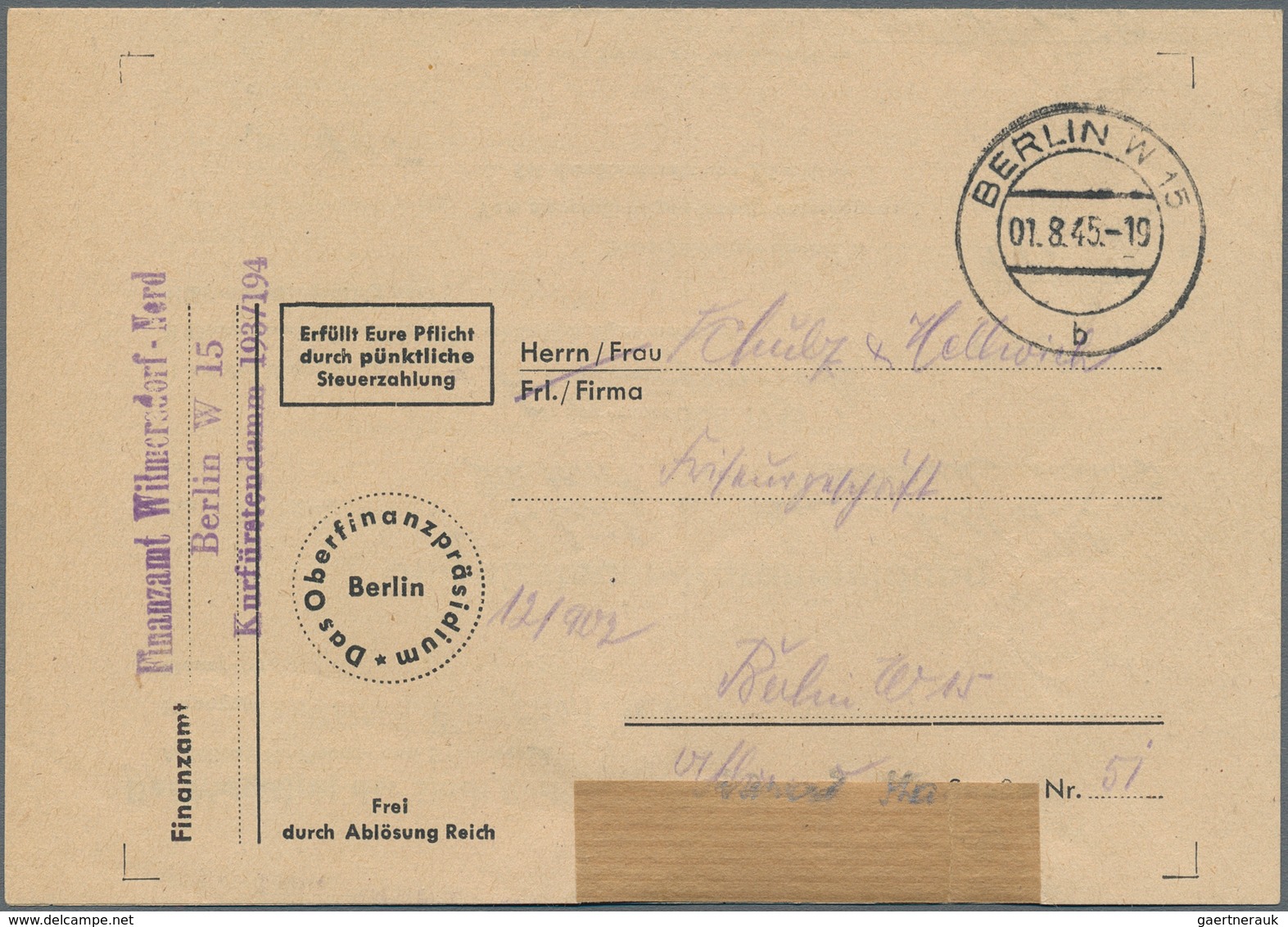 Berlin - Besonderheiten: 1945, Finanzamts-Formular, Innerorts Berlin W 15 Am 1.8.45 Verwendet, Vor E - Andere & Zonder Classificatie
