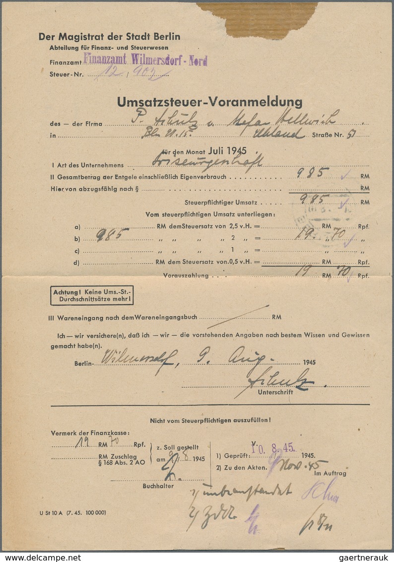 Berlin - Besonderheiten: 1945, Finanzamts-Formular, Innerorts Berlin W 15 Am 1.8.45 Verwendet, Vor E - Andere & Zonder Classificatie