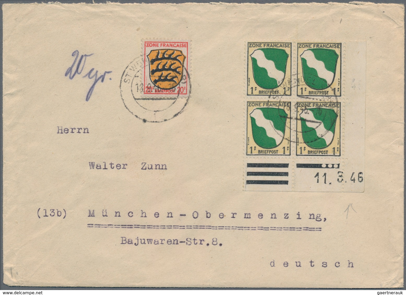 Französische Zone - Allgemeine Ausgabe: 1945, 1 Pf Wappen Im 4er-Block Aus Der Rechten Unteren Bogen - Sonstige & Ohne Zuordnung