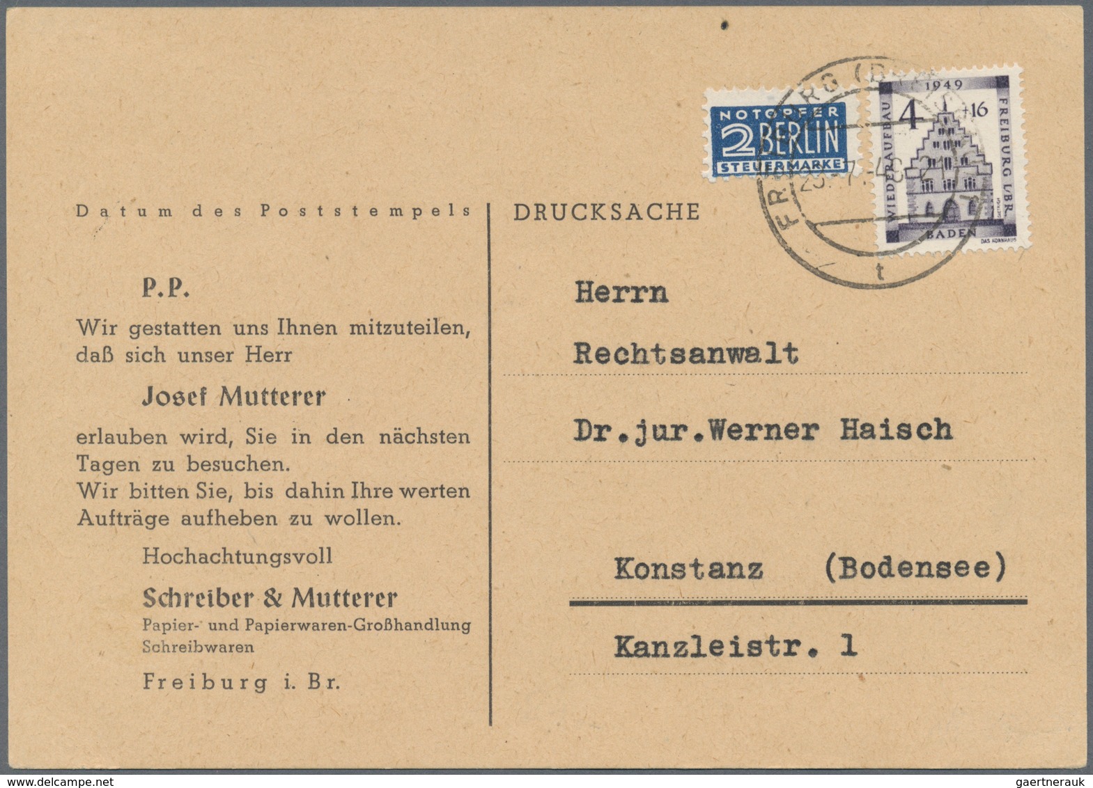 Französische Zone - Baden: 1949, Wiederaufbau Freiburg 4 + 16 Pf Als Portogerechte Einzelfrankatur A - Andere & Zonder Classificatie