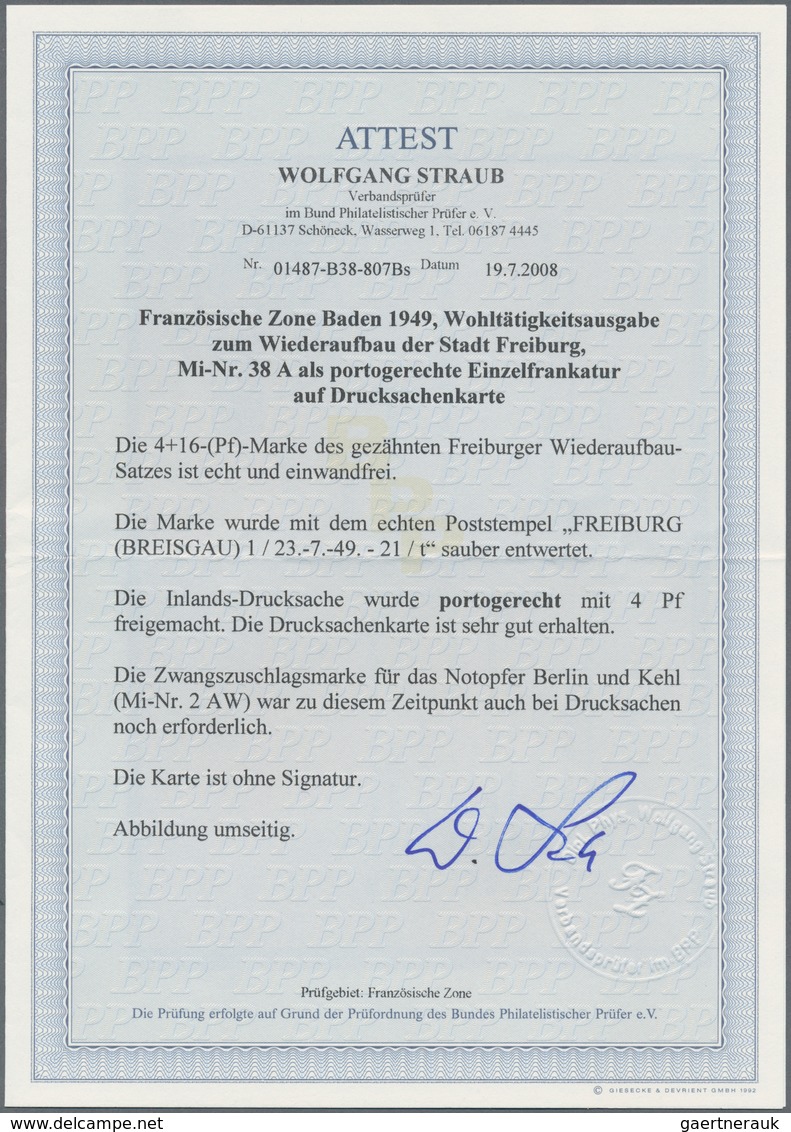 Französische Zone - Baden: 1949, Wiederaufbau Freiburg 4 + 16 Pf Als Portogerechte Einzelfrankatur A - Altri & Non Classificati