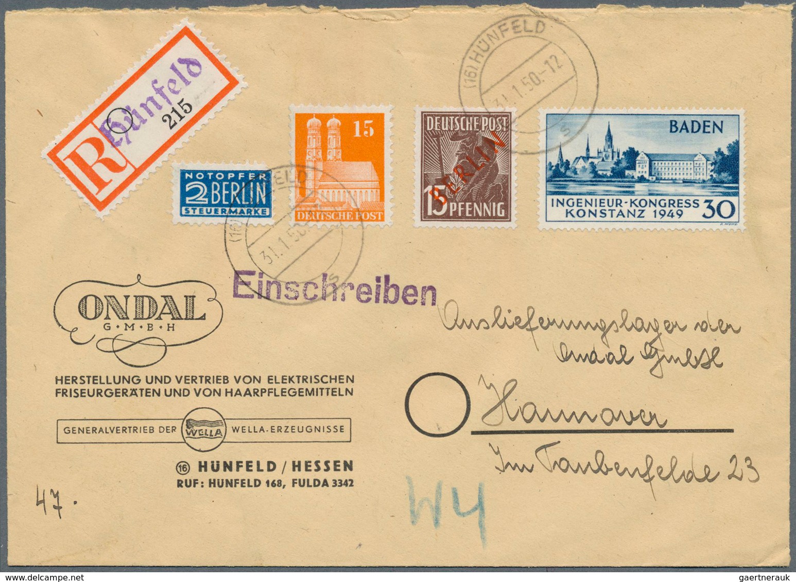 Französische Zone - Baden: 1950: Konstanz II Mit Bizone 15 Pf Bauten Orange Und Berlin 15 Pf Rotaufd - Andere & Zonder Classificatie