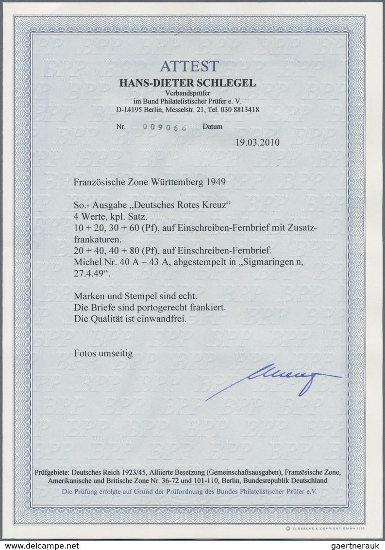 Französische Zone - Württemberg: 1949, Rotes Kreuz Vier Werte Auf Zwei R-Briefen Einmal Mit Zusatzfr - Andere & Zonder Classificatie